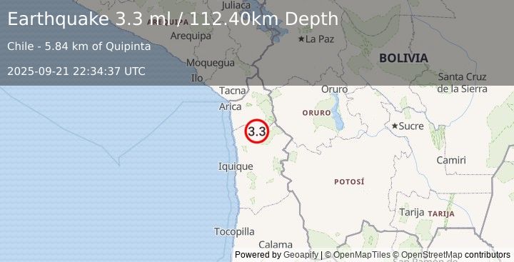 Earthquake TARAPACA, CHILE (3.3 ml) (2025-09-21 22:34:37 UTC)