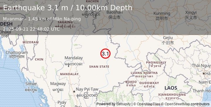 Earthquake MYANMAR (3.1 m) (2025-09-21 22:48:02 UTC)