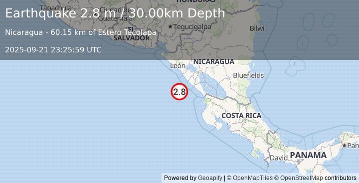 Earthquake NEAR COAST OF NICARAGUA (2.8 m) (2025-09-21 23:25:59 UTC)