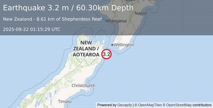 Earthquake COOK STRAIT, NEW ZEALAND (3.2 m) (2025-09-22 01:15:29 UTC)