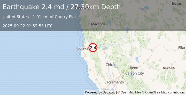 Earthquake NORTHERN CALIFORNIA (2.4 md) (2025-09-22 01:52:53 UTC)