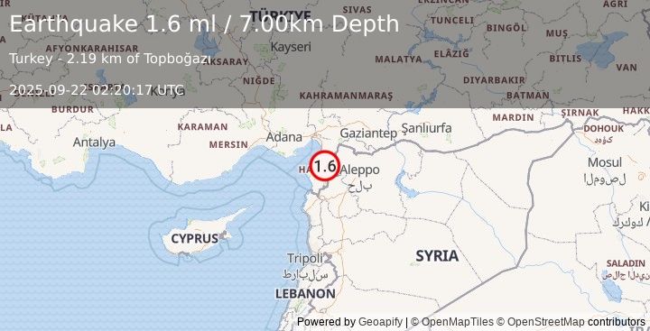 Earthquake TURKEY-SYRIA BORDER REGION (1.6 ml) (2025-09-22 02:20:17 UTC)