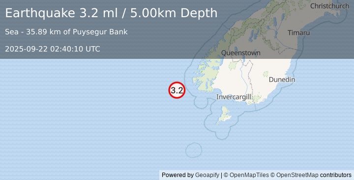 Earthquake OFF W. COAST OF S. ISLAND, N.Z. (3.2 ml) (2025-09-22 02:40:10 UTC)