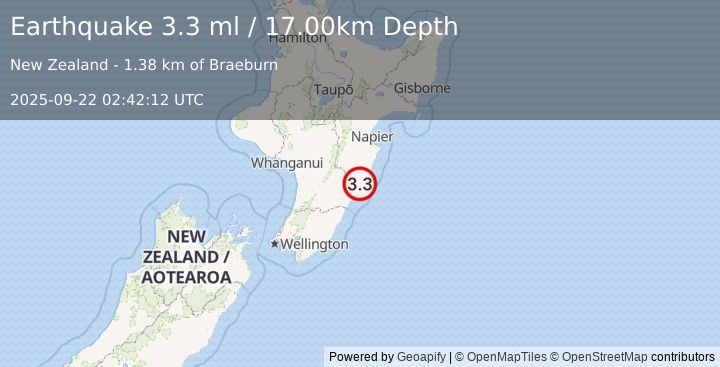 Earthquake NORTH ISLAND OF NEW ZEALAND (3.3 ml) (2025-09-22 02:42:12 UTC)