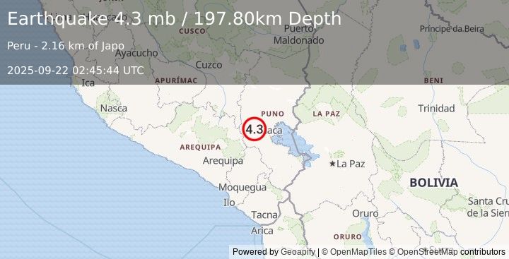 Earthquake SOUTHERN PERU (4.3 mb) (2025-09-22 02:45:44 UTC)