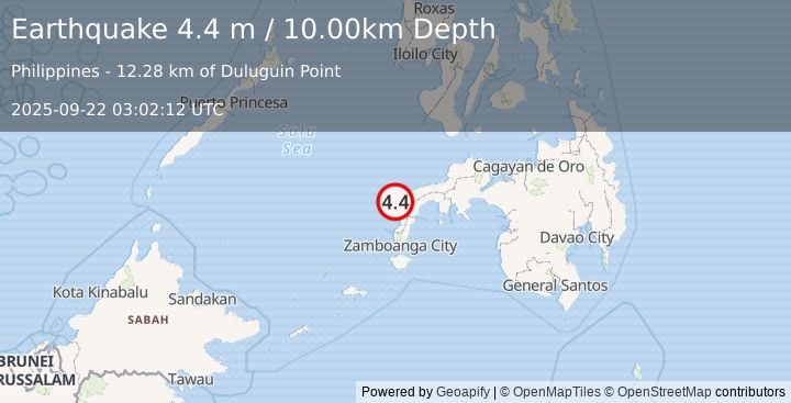 Earthquake MINDANAO, PHILIPPINES (4.4 m) (2025-09-22 03:02:12 UTC)