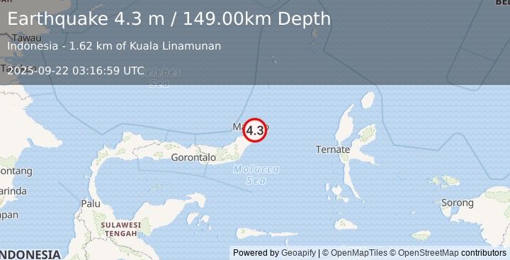 Earthquake MINAHASA, SULAWESI, INDONESIA (4.3 m) (2025-09-22 03:16:59 UTC)