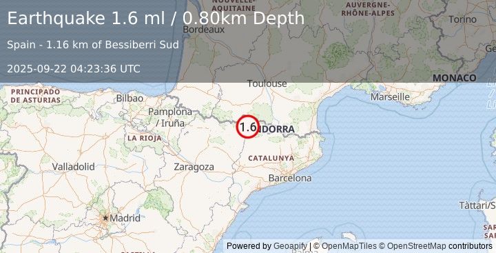 Earthquake PYRENEES (1.6 ml) (2025-09-22 04:23:36 UTC)