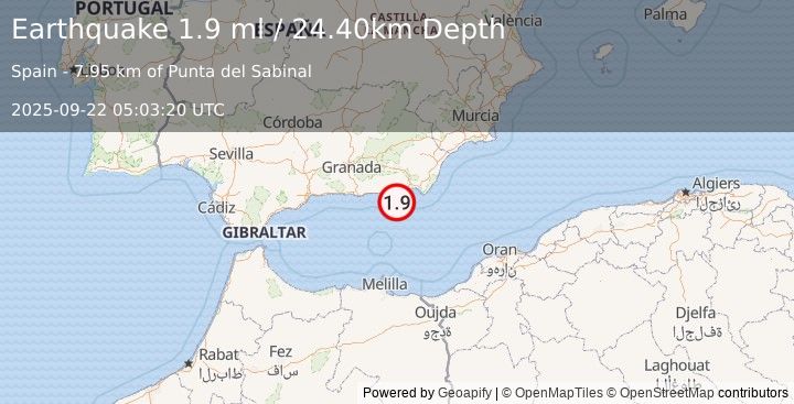 Earthquake STRAIT OF GIBRALTAR (1.9 ml) (2025-09-22 05:03:20 UTC)