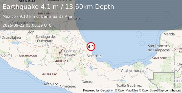 Earthquake OFFSHORE VERACRUZ, MEXICO (4.1 m) (2025-09-22 05:06:19 UTC)