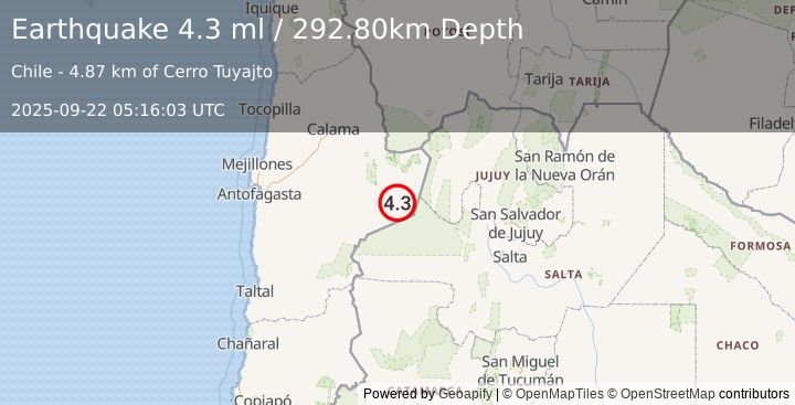 Earthquake ANTOFAGASTA, CHILE (4.3 ml) (2025-09-22 05:16:03 UTC)