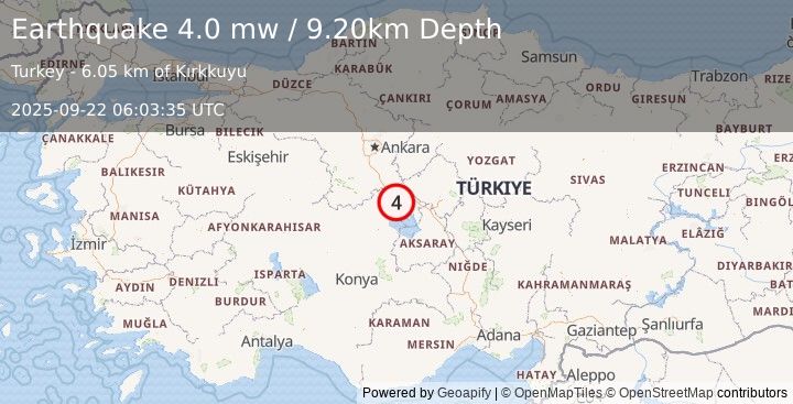 Earthquake CENTRAL TURKEY (4.0 mw) (2025-09-22 06:03:35 UTC)