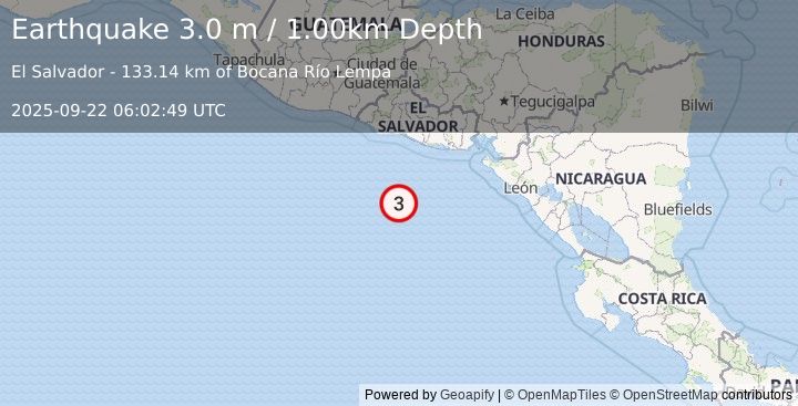 Earthquake OFF THE COAST OF EL SALVADOR (3.0 m) (2025-09-22 06:02:49 UTC)