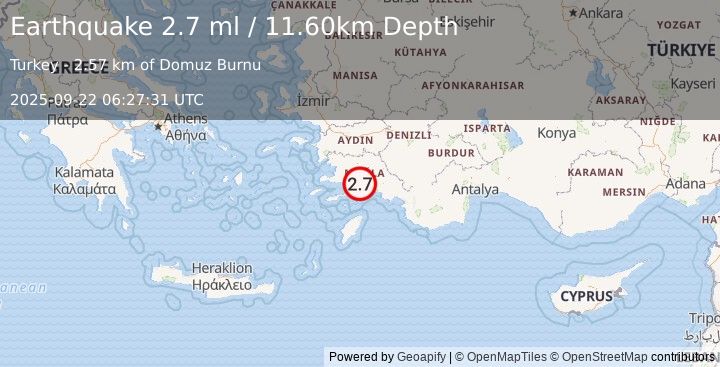Earthquake DODECANESE IS.-TURKEY BORDER REG (2.7 ml) (2025-09-22 06:27:31 UTC)