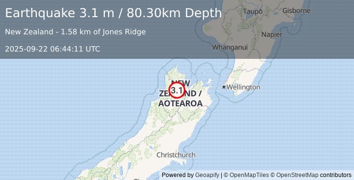 Earthquake SOUTH ISLAND OF NEW ZEALAND (3.1 m) (2025-09-22 06:44:11 UTC)