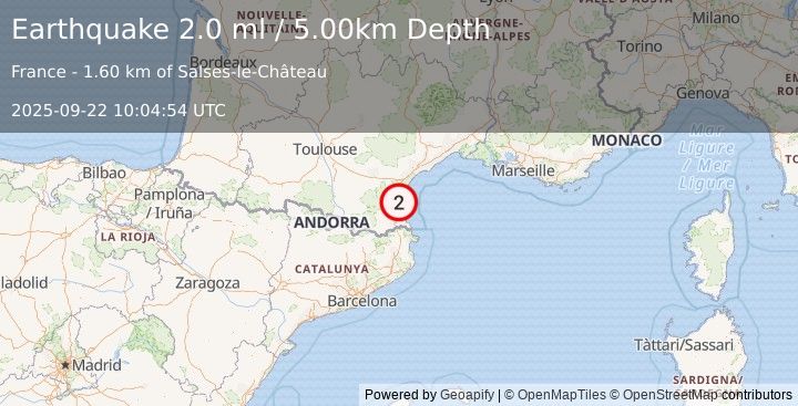Earthquake PYRENEES (2.0 ml) (2025-09-22 10:04:54 UTC)