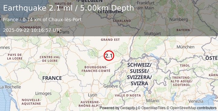 Earthquake FRANCE (2.1 ml) (2025-09-22 10:16:57 UTC)