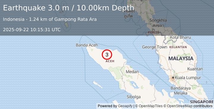 Earthquake NORTHERN SUMATRA, INDONESIA (3.0 m) (2025-09-22 10:15:31 UTC)