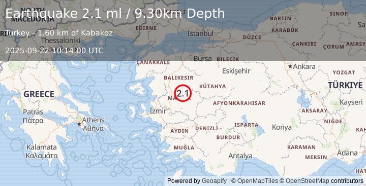 Earthquake WESTERN TURKEY (2.1 ml) (2025-09-22 10:14:00 UTC)