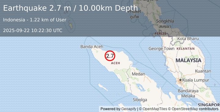 Earthquake NORTHERN SUMATRA, INDONESIA (2.7 m) (2025-09-22 10:22:30 UTC)