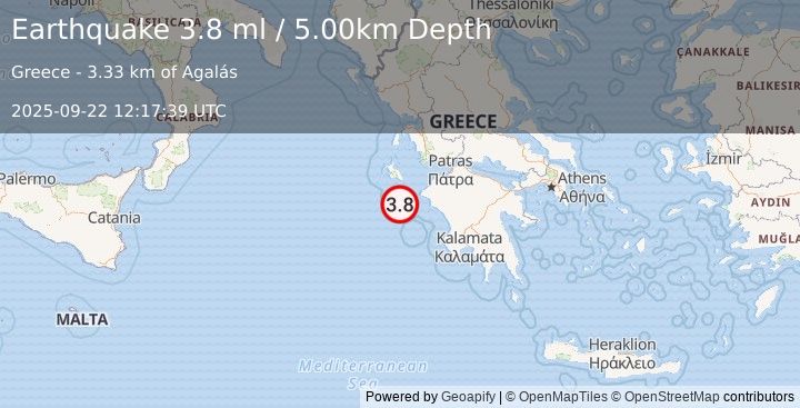 Earthquake IONIAN SEA (3.6 ml) (2025-09-22 12:17:37 UTC)