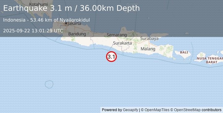 Earthquake JAVA, INDONESIA (3.1 m) (2025-09-22 13:01:29 UTC)