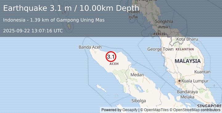 Earthquake NORTHERN SUMATRA, INDONESIA (3.1 m) (2025-09-22 13:07:16 UTC)