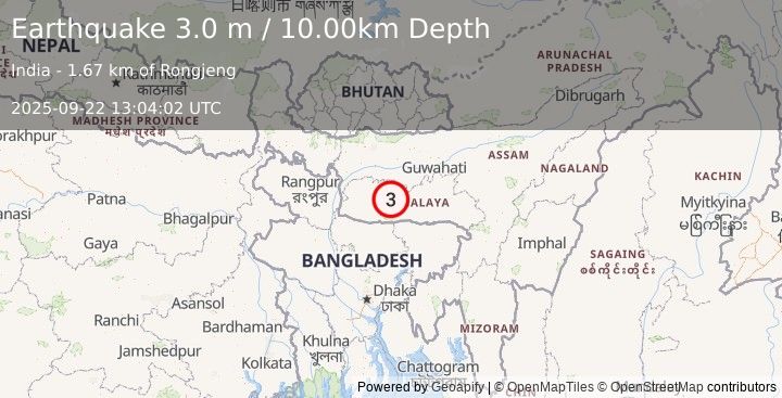 Earthquake MEGHALAYA, INDIA REGION (3.0 m) (2025-09-22 13:04:02 UTC)