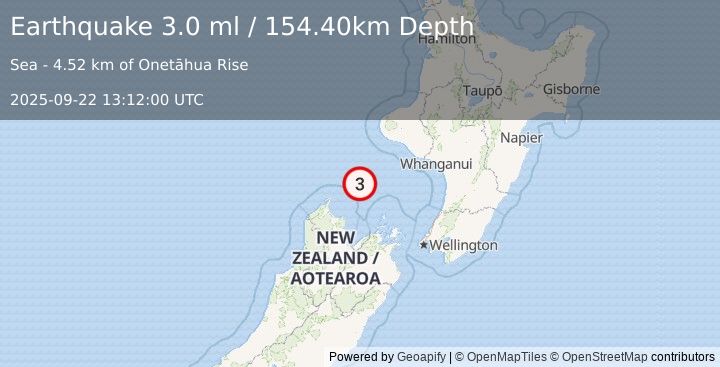 Earthquake COOK STRAIT, NEW ZEALAND (3.0 ml) (2025-09-22 13:12:00 UTC)