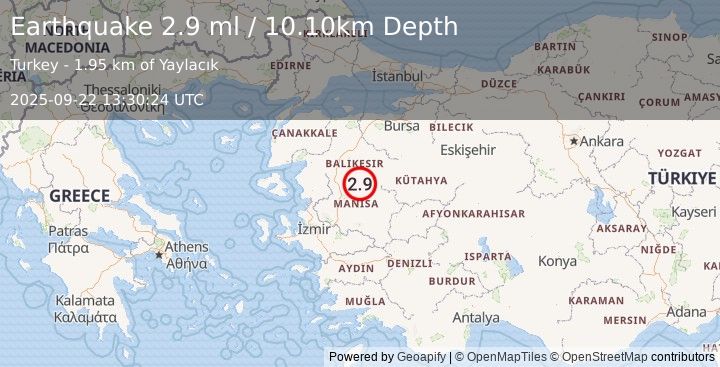 Earthquake WESTERN TURKEY (2.9 ml) (2025-09-22 13:30:24 UTC)