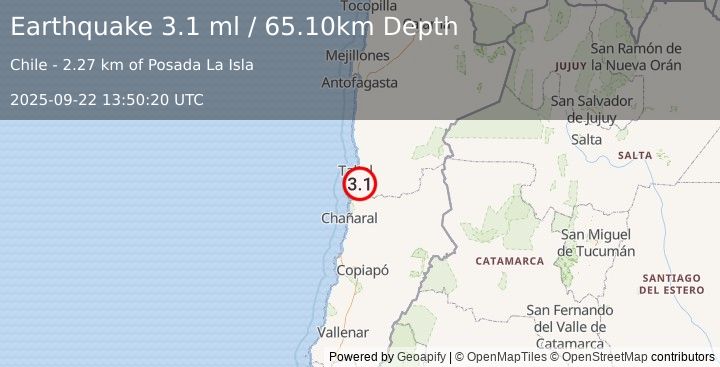 Earthquake ANTOFAGASTA, CHILE (3.1 ml) (2025-09-22 13:50:20 UTC)