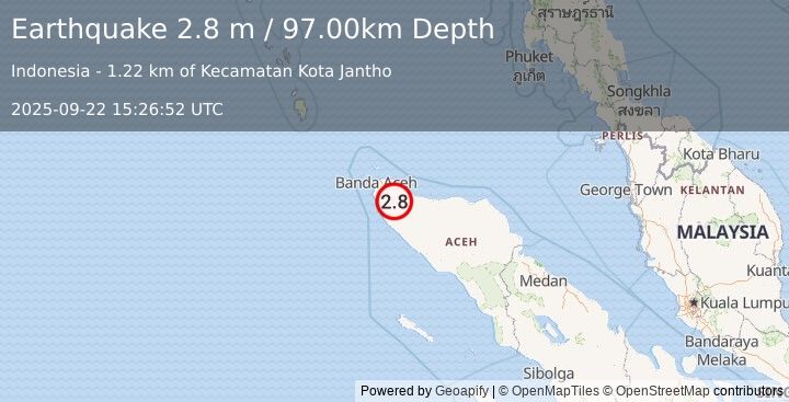 Earthquake NORTHERN SUMATRA, INDONESIA (2.8 m) (2025-09-22 15:26:52 UTC)