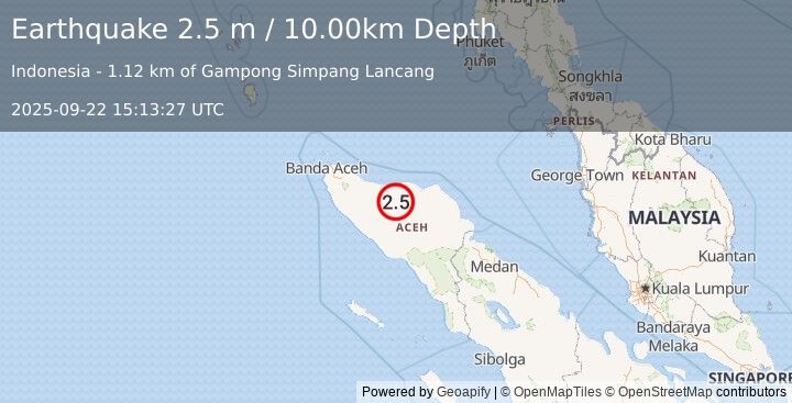 Earthquake NORTHERN SUMATRA, INDONESIA (2.5 m) (2025-09-22 15:13:27 UTC)