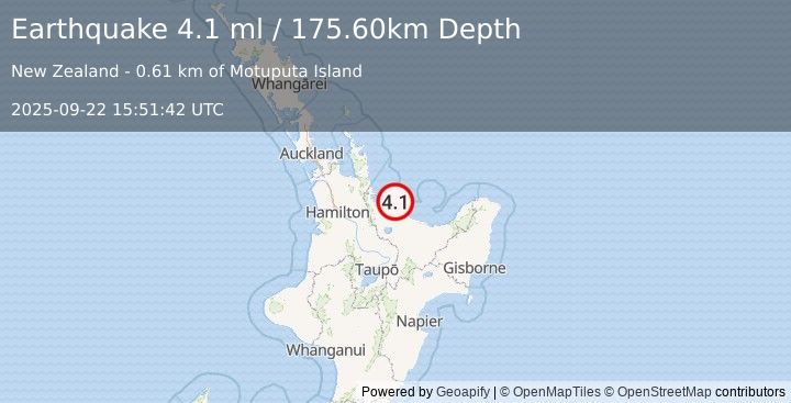 Earthquake NORTH ISLAND OF NEW ZEALAND (4.1 ml) (2025-09-22 15:51:40 UTC)