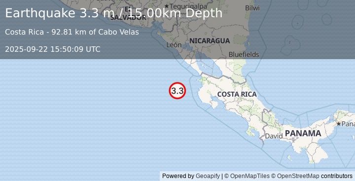Earthquake OFF COAST OF COSTA RICA (3.3 m) (2025-09-22 15:50:09 UTC)