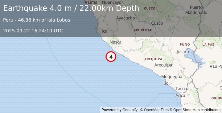 Earthquake NEAR COAST OF CENTRAL PERU (4.0 m) (2025-09-22 16:24:10 UTC)