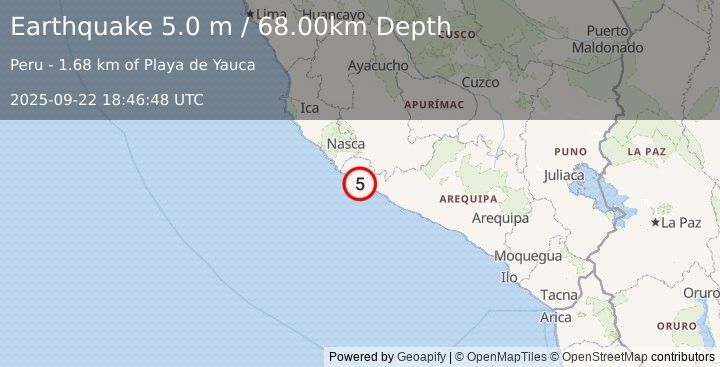 Earthquake NEAR COAST OF CENTRAL PERU (5.1 mb) (2025-09-22 18:46:39 UTC)