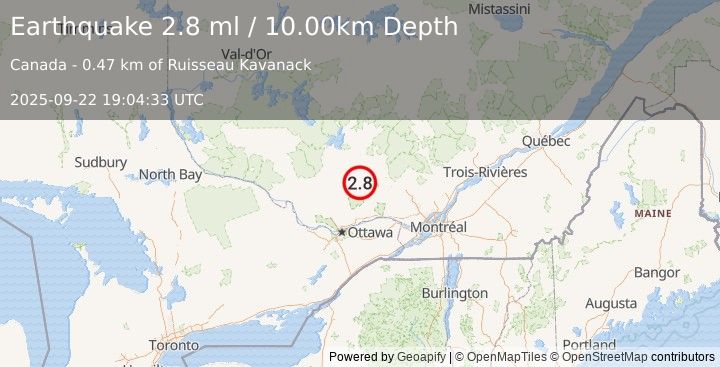 Earthquake SOUTHERN QUEBEC, CANADA (2.8 ml) (2025-09-22 19:04:33 UTC)