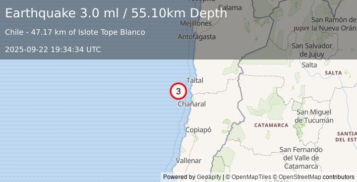 Earthquake OFF COAST OF ANTOFAGASTA, CHILE (3.0 ml) (2025-09-22 19:34:34 UTC)