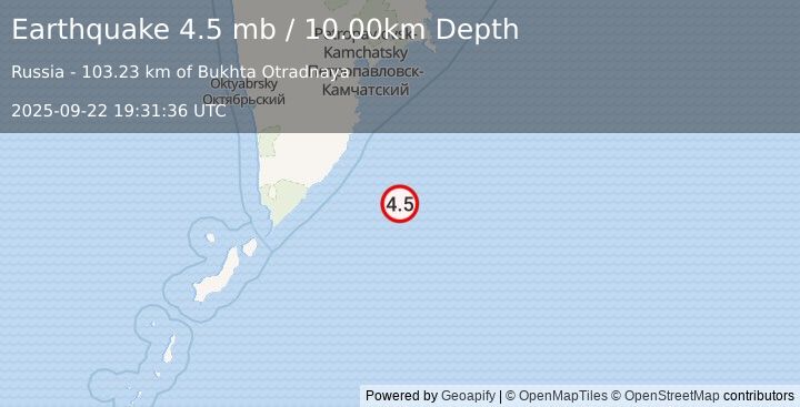 Earthquake OFF EAST COAST OF KAMCHATKA (4.5 mb) (2025-09-22 19:31:36 UTC)
