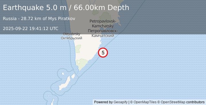Earthquake NEAR EAST COAST OF KAMCHATKA (4.9 mb) (2025-09-22 19:41:13 UTC)