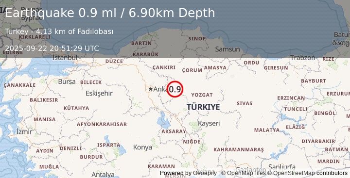 Earthquake CENTRAL TURKEY (0.9 ml) (2025-09-22 20:51:29 UTC)