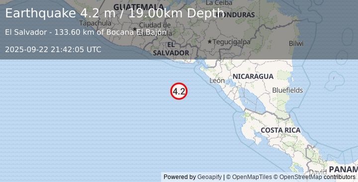 Earthquake OFF COAST OF CENTRAL AMERICA (4.2 m) (2025-09-22 21:42:05 UTC)