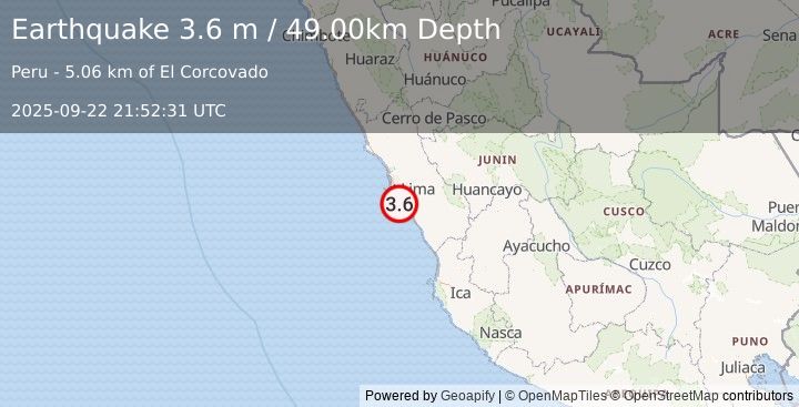 Earthquake NEAR COAST OF CENTRAL PERU (3.6 m) (2025-09-22 21:52:31 UTC)