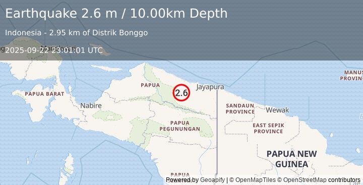 Earthquake NEAR N COAST OF PAPUA, INDONESIA (2.6 m) (2025-09-22 23:01:01 UTC)
