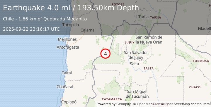 Earthquake ANTOFAGASTA, CHILE (4.0 ml) (2025-09-22 23:16:17 UTC)