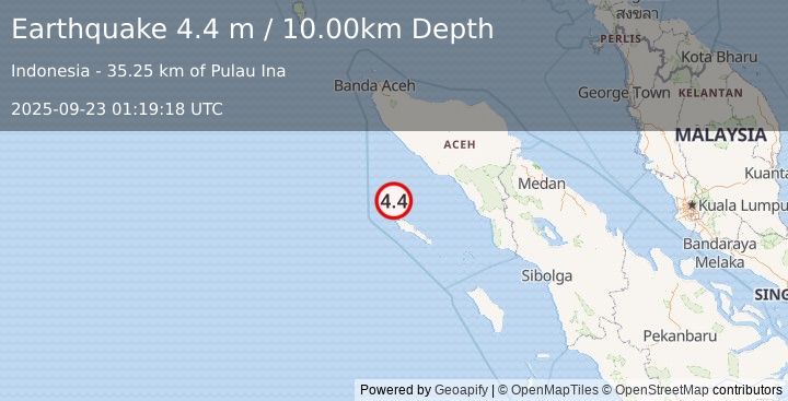 Earthquake OFF W COAST OF NORTHERN SUMATRA (4.4 m) (2025-09-23 01:19:18 UTC)