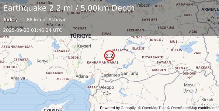 Earthquake CENTRAL TURKEY (2.2 ml) (2025-09-23 01:46:25 UTC)