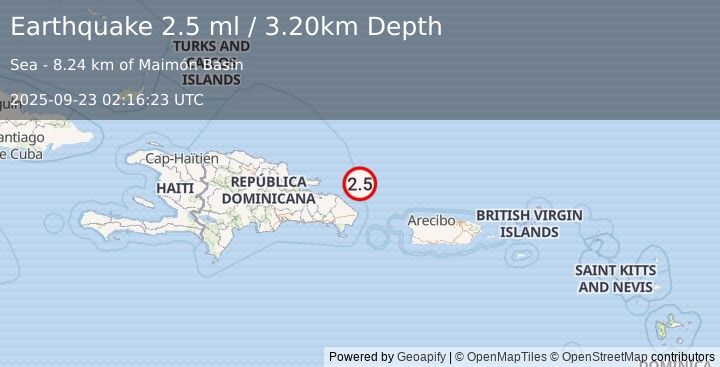 Earthquake DOMINICAN REPUBLIC REGION (2.5 ml) (2025-09-23 02:16:23 UTC)