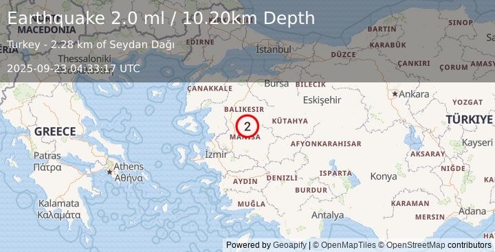 Earthquake WESTERN TURKEY (2.0 ml) (2025-09-23 04:33:17 UTC)